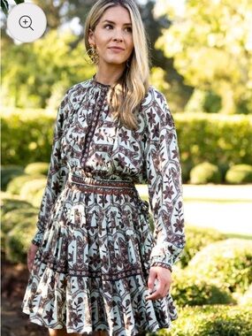 Smocked Waist Long-Sleeve Floral Mini Dress in Mint and Brown